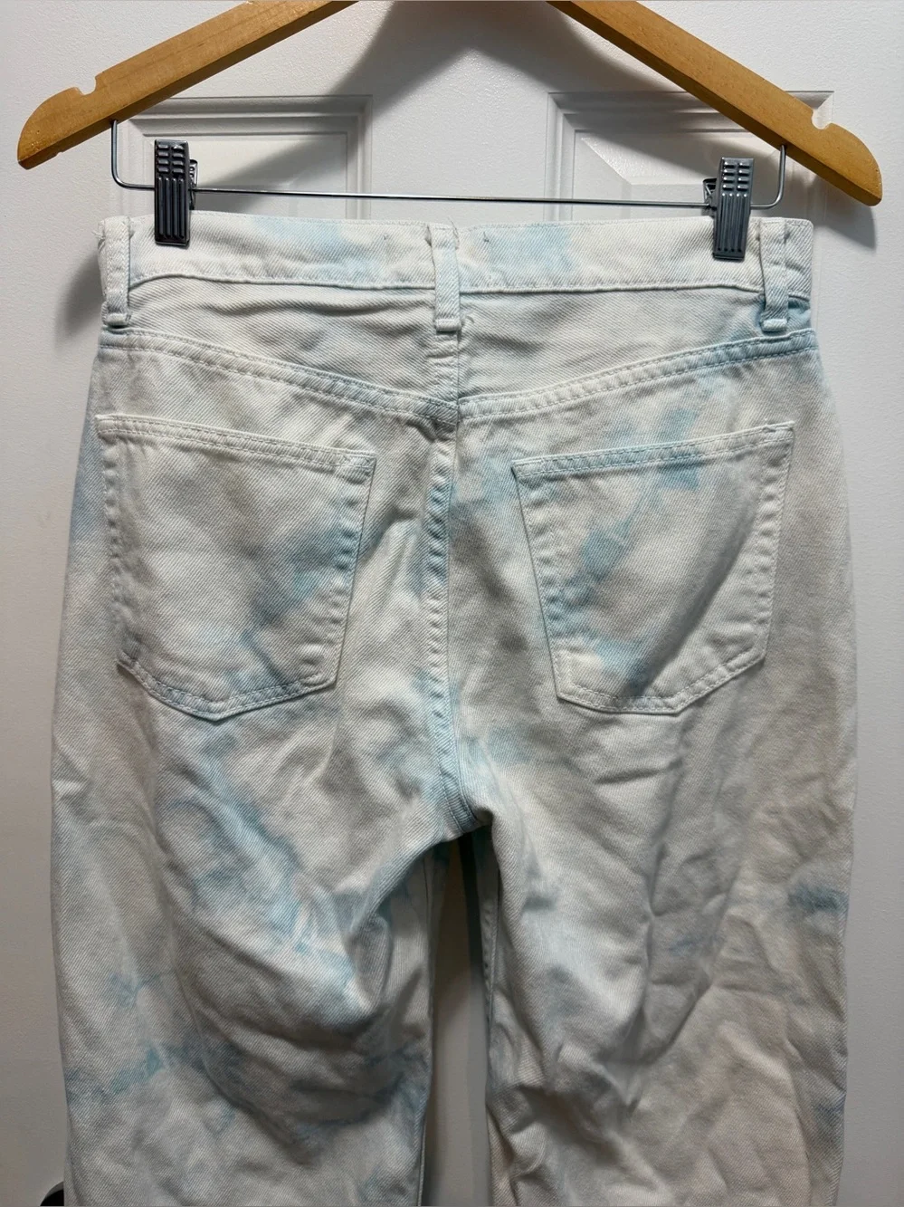 Reformation Fawcett High Rise Straight Raw Hem White Wash Tie-Dye Jeans Sz 28